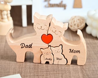 Rompecabezas de madera personalizado de familia de gatos, figuras de familia de gatos, regalo familiar para padres, regalos para amantes de los gatos, regalos para el Día de la Madre para mamá y esposa.