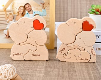 Personalisierte hölzerne Elefantenfamilie Puzzle, Elefantenfamilie Andenken für Kinder, Jahrestagsgeschenk für Frau, Vatertagsgeschenk, Kinderzimmer Dekor