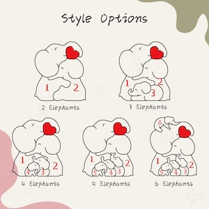K&ouml;nnte beinhalten: Grafik mit Stiloptionen f&uuml;r Elefanten-Designs. Jedes Design zeigt wei&szlig;e Elefanten mit roten Herz-Akzenten. Die Optionen reichen von zwei bis sechs Elefanten, jeweils nummeriert. Der Text "Style Options" befindet sich oben.