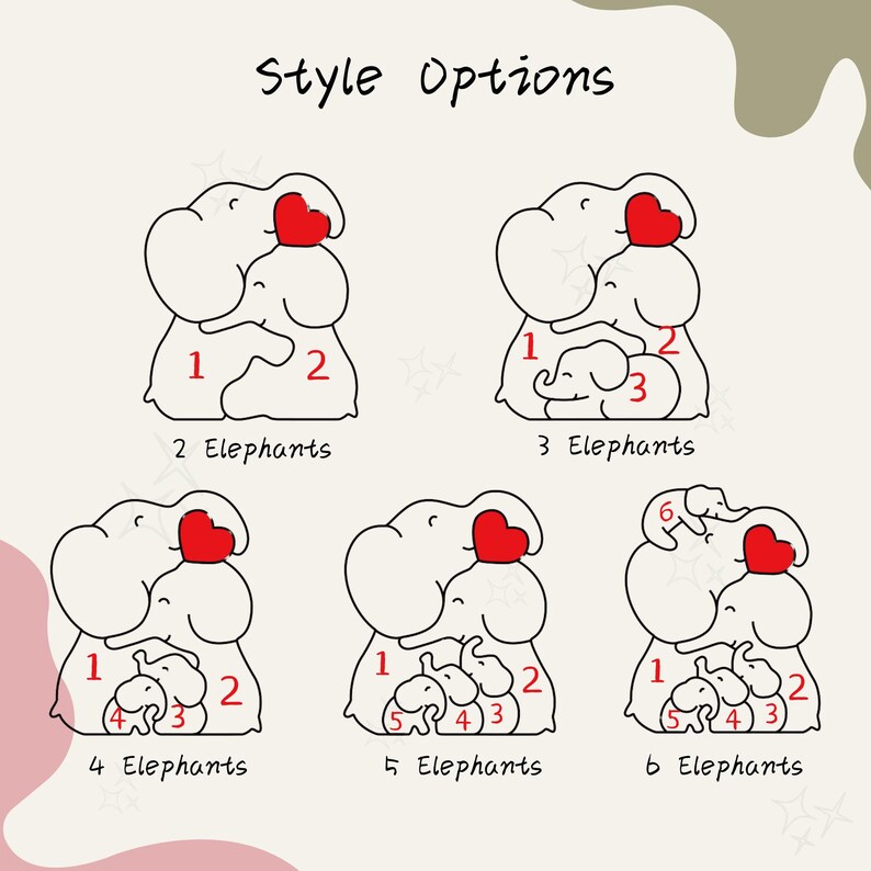K&ouml;nnte beinhalten: Grafik mit Stiloptionen f&uuml;r Elefanten-Designs. Jedes Design zeigt wei&szlig;e Elefanten mit roten Herz-Akzenten. Die Optionen reichen von zwei bis sechs Elefanten, jeweils nummeriert. Der Text "Style Options" befindet sich oben.
