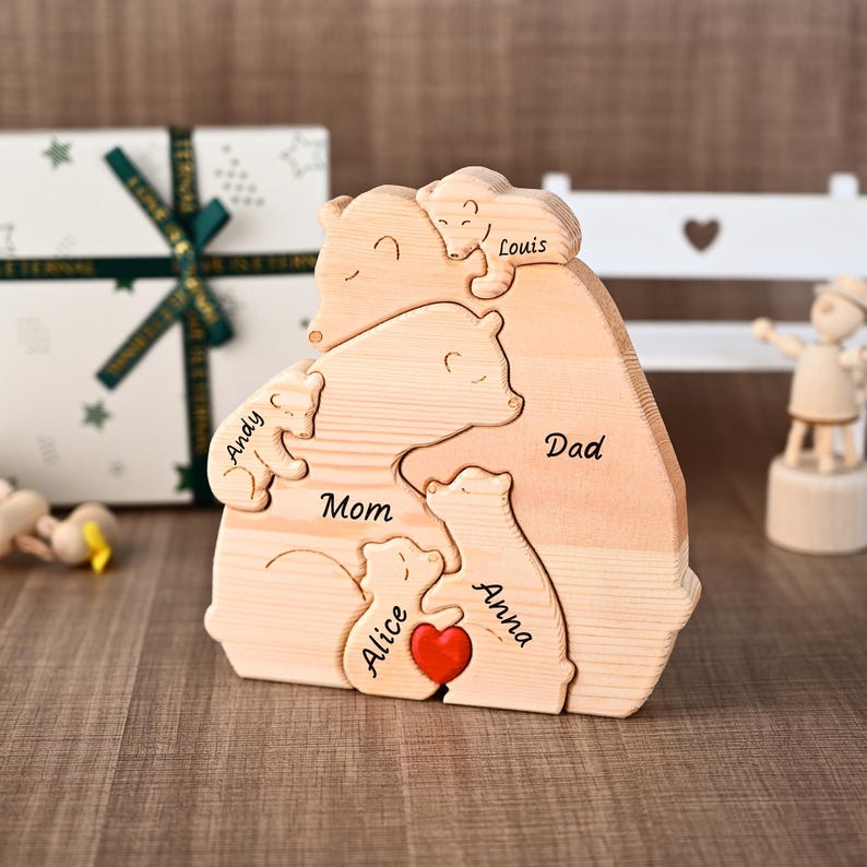 Custom Engraved Wooden Bear Family Puzzle, Personalized Family Keepsake Gift for Dad Grandpa, Anniversary Gifts for Him, Father's Day Gifts image 5