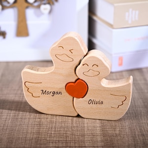 Carved Wooden Duck Puzzle, Duck Anniversary Gift for Couple, Wedding Duck Gifts, Wood Duck Family Statues, Christmas Duck Ornaments