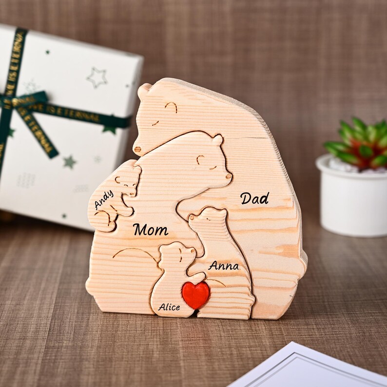 Custom Engraved Wooden Bear Family Puzzle, Personalized Family Keepsake Gift for Dad Grandpa, Anniversary Gifts for Him, Father's Day Gifts image 4