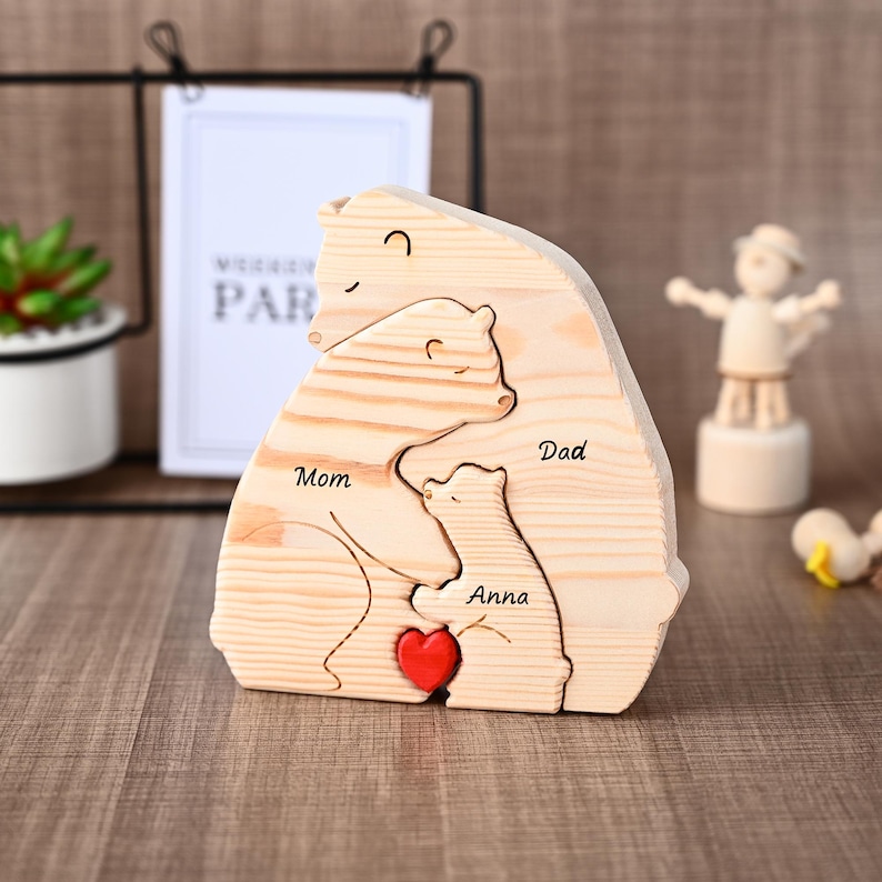Custom Engraved Wooden Bear Family Puzzle, Personalized Family Keepsake Gift for Dad Grandpa, Anniversary Gifts for Him, Father's Day Gifts image 3