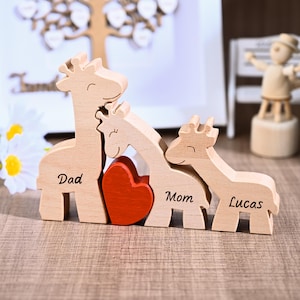 Custom Wooden Giraffe Family Puzzle, Giraffe Family Figurines, Family Name Keepsake Gift for Parents, Birthday Anniversary Gift for Wife Mom
