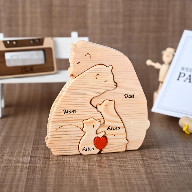 Custom Engraved Wooden Bear Family Puzzle, Personalized Family Keepsake Gift for Dad Grandpa, Anniversary Gifts for Him, Father's Day Gifts image 1