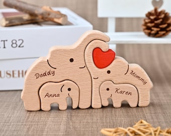 Rompecabezas de madera personalizado con forma de familia de elefantes, recuerdo grabado de elefante para mamá, regalo de aniversario para él, regalo para abuelos, regalo para el primer Día del Padre.
