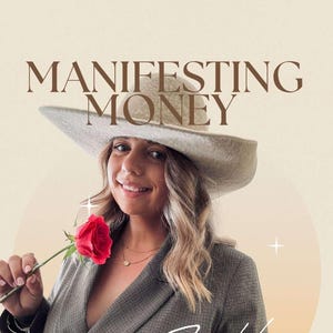 Puede incluir: Una mujer con un blazer gris y un sombrero blanco de ala ancha sostiene una rosa roja. El texto "MANIFESTING MONEY" está en la parte superior de la imagen, y el texto "With Zoe Hayes" está en la parte inferior de la imagen. El texto "@behavioursofzoe" está en la parte inferior de la imagen.