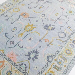 Hand-Knotted Oushak Wool Rug, Modern Oriental Design decor, Cream & Blue carpet