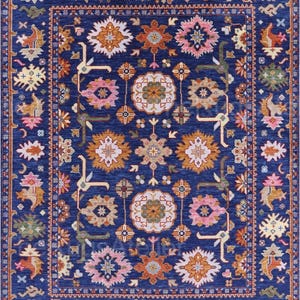 Blue Colorful Hand-Knotted  Wool Rug, Modern Handmade Oushak Area Rug, Turkish Style rug, Living Room/Bedroom Rug,  12x15, 14x18, 14x22 rug