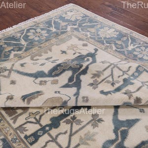 Hand-Knotted Wool Oushak Rug: Ivory & Blue Heritage Design Soft Floor Covering Masterpiece