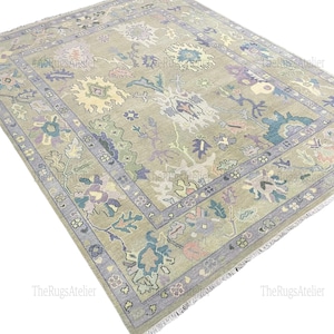 Hand-Knotted Wool Rug: Muted Green Turkish Style Oushak Carpet,