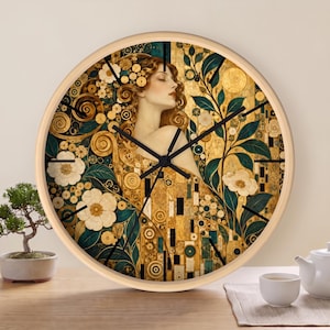 Reloj de pared Gustav Klimt, reloj retrato dorado, reloj de madera con motivos florales ornamentados, reloj de pared silencioso, decoración artística vintage, Gustav Klimt Art Nouveau