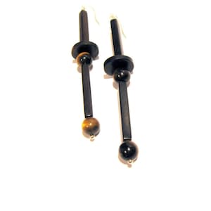 Handcrafted Costume Jewelry Tiger&#39;s Eye Black Wood Bead Long Dangle Earrings