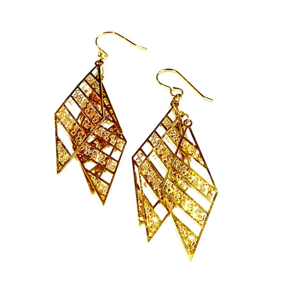 Handcrafted Jewelry Gold Geometric Filigree Long Dangle Earrings