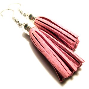 Handcrafted Costume Jewelry Brown Gray Green Pink Leather Tassel Dangle Earrings