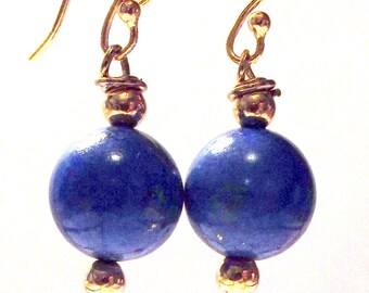 Handmade Jewelry Blue Lapis Gemstone and Brass Bead Wire Wrapped Dangle Drop Earrings