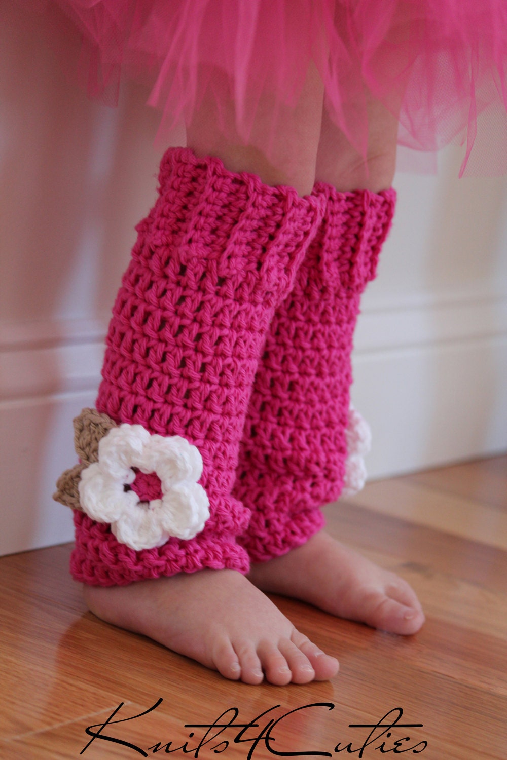 Crochet Baby Leg Warmers hot pink with white flower girls Etsy