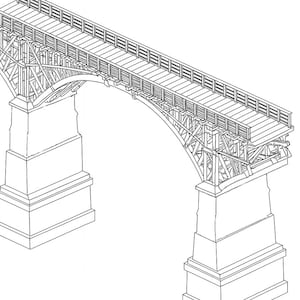 Puede incluir: Dibujo lineal de un puente con un arco alto y una plataforma larga. El puente está sostenido por dos grandes pilares de piedra. La plataforma tiene una barandilla de madera y está hecha de tablas paralelas. El arco está construido con una compleja red de vigas de madera.