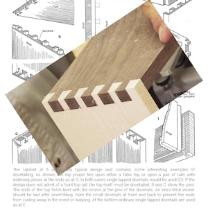 May include: Diagram of dovetail joinery with text "APPLICATIONS OF THE DOVETAIL". The image shows examples of dovetail joints, including diagrams and a close-up of a wooden joint with contrasting wood colors.