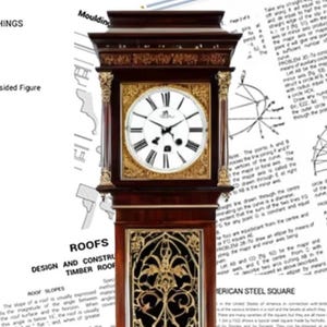 Puede incluir: Un reloj de pie ornamentado de madera oscura. La esfera blanca tiene números romanos negros y detalles dorados. La sección inferior presenta un diseño de filigrana dorada decorativa. Una pieza clásica de decoración del hogar. Mide unos 180 cm de alto.