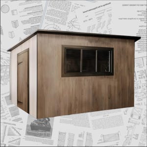 May include: A small wooden shed with a dark brown roof and trim. The shed has a door on the left side and a window with horizontal slats on the right. The walls are made of vertical wooden planks.