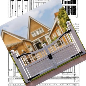 May include: A white double garden gate with black hinges, set against a house. The gate features a vertical slat design and decorative finials. The image includes a diagram with the text "GARDEN GATE CONSTRUCTION". The gate is approximately 2.64 meters wide.