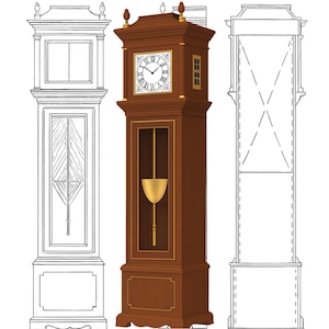 Peut inclure: Une horloge de grand-père marron avec un pendule doré et un cadran romain. L'horloge a une forme rectangulaire avec un dessus et une base décoratifs. Deux dessins au trait de l'horloge sont de chaque côté.