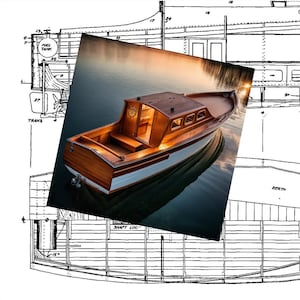 Könnte beinhalten: Ein hölzernes Motorboot mit brauner Kabine und weißem Rumpf schwimmt auf ruhigem Wasser. Das Boot hat ein klassisches Design mit einem Lenkrad, das in der Kabine sichtbar ist. Das Bild ist auf einen Bauplan gelegt.