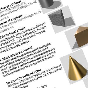 May include: A collection of geometric shapes, including a cylinder, cube, and cone, are displayed on a white background. Accompanying text explains surface area and volume calculations for each shape. The shapes are rendered in shades of gray and gold.