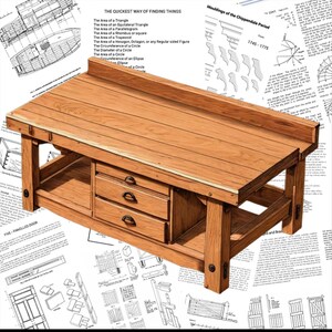 May include: A wooden workbench with three drawers and a raised back. The workbench is made of light brown wood and has a sturdy, traditional design. The text "THE QUICKEST WAY OF FINDING THINGS" is visible in the background.