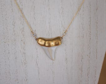 24" Gold Shark Tooth Porcelain and Gold filled Necklace