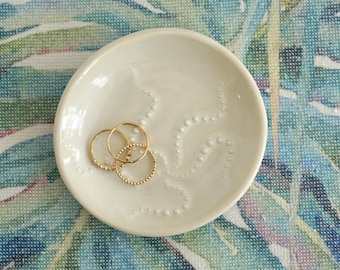 White Starfish Ceramic Ring Dish, Dotted Nautical Decor