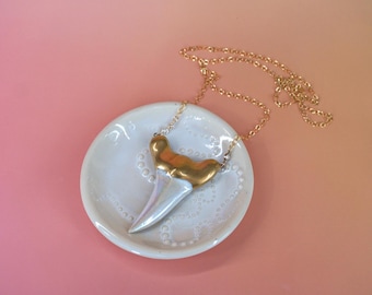 24" Extra Large Gold Shark Tooth Porcelain and Gold filled Necklace