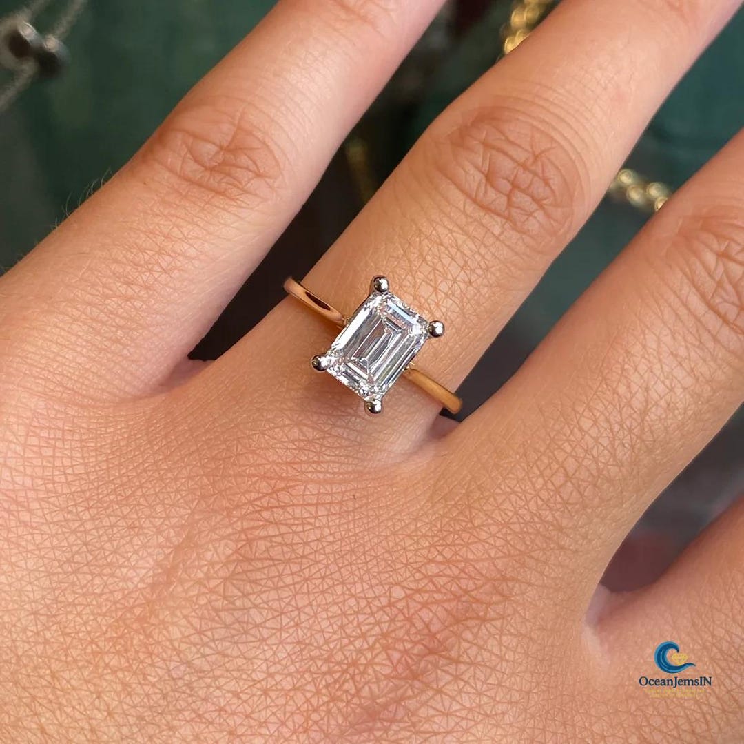 3CT Emerald Cut Moissanite Engagement Ring Halo Solitaire Ring Four ...