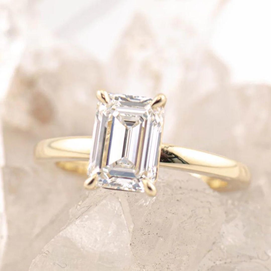 3CT Emerald Cut Moissanite Engagement Ring Halo Solitaire Ring Four ...