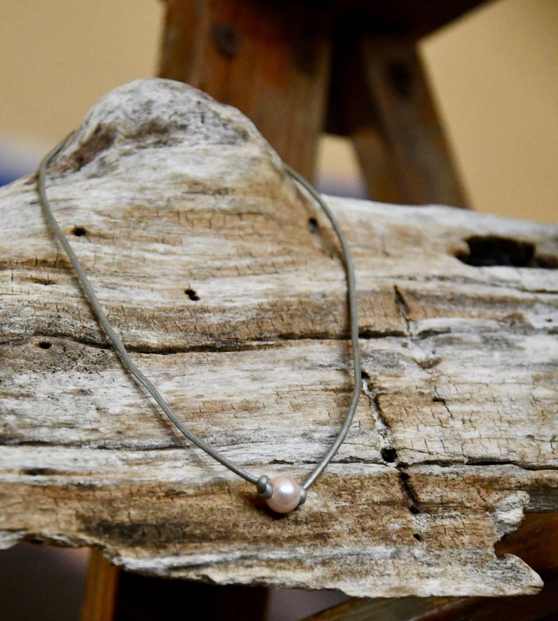 Silver Colored Real Leather and Faux Blush Pink Pearl Choker