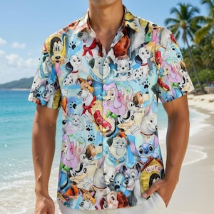 Disney Dogs Hawaiian Shirt, Lady and the Tramp Pluto Bolt Button Shirt, Disney Pets Watercolor Shirt, Disney Vacation Dog Mom Gift