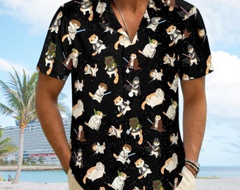 Star Wars Cat Hawaiian Shirt, Kawaii Jedi Cats Button Shirt, Funny Galaxy Button Up Gift for Cat Lovers, Halloween Shirt