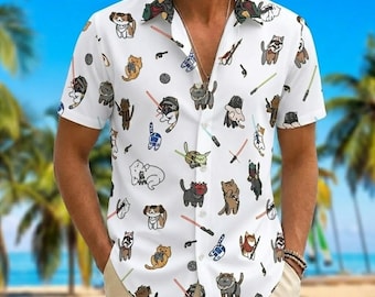 Cat Star Wars Button Shirt, Star Wars Characters Man Shirt, Darth Vader Hawaiian Shirt, Retro Space Cat Shirt, Button Up Shirt