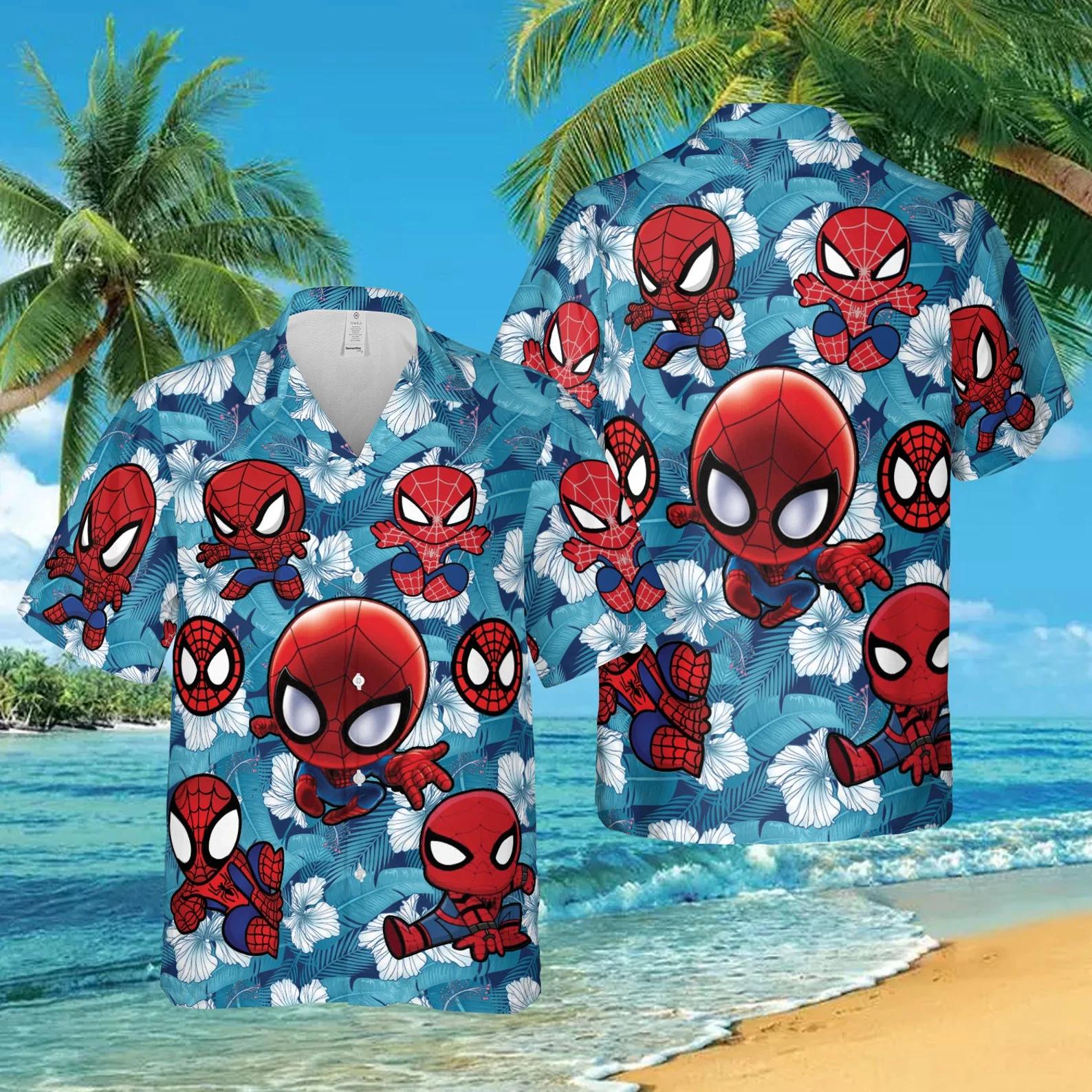 Discover Spiderman 2026 Hawaiian Shirt, Superhero Aloha Button Shirt, Spider-Man Beach Vacation Shirt, Marvel Fan Gift, Floral Superhero Summer Shirt