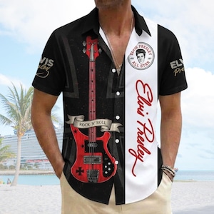 May include: A short-sleeved button-down shirt featuring a black background with a large red electric bass guitar graphic and a white vertical panel. The panel displays the text Elvis Presley All Star and a portrait of Elvis Presley.