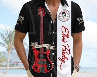 Elvis Presley Hawaiian Shirt, Rock n Roll Guitar Button Shirt, Elvis Signature Aloha Shirt, King of Rock Music Gift, Mens Summer Shirt