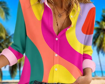 Colorful Abstract Blouse Shirt, Artistic Geometric Long Sleeve Shirt, Vibrant Patchwork Style Ladies Top, Boho Summer Wear