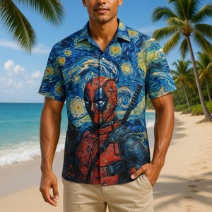 Deadpool Starry Night Hawaiian Shirt, Marvel Deadpool Button Shirt, Deadpool Hero Summer Shirt, Funny Superhero Top, Marvel Fan Gift Idea image 1
