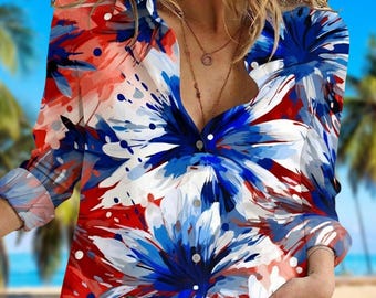 Abstraktes Feuerwerk Casual Shirt, Rot Weiß Blau Floral Bluse Shirt, 4. Juli künstlerisch Button Down, USA Sommer Festival Top