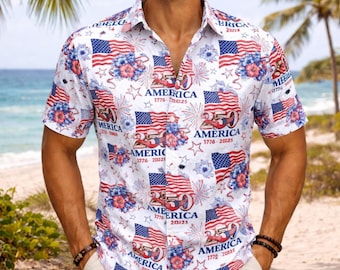 America 250th Anniversary Hawaiian Shirt, Patriotic 1776-2026 Button Shirt, USA Flag Fireworks Summer Beach Shirt, Semiquincentennial Shirt