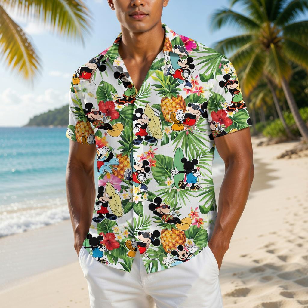 Discover Mickey Mouse Tropical Hawaiian Shirt, Mickey Pineapple Summer Shirt, Disney Surfing Button Shirt, Mickey Mouse Palm Leaf Shirt, Gift For Him