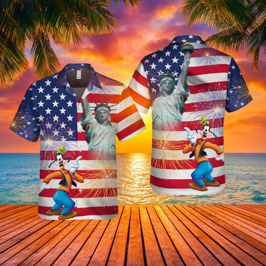 Discover Goofy USA Hawaiian Shirt, USA Flag Patriotic Button Shirt, 4th of July Disney Shirt, Statue of Liberty Goofy Shirt, Independence Day Gift