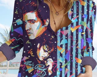 Elvis Presley Casual Shirt, Retro 90s Abstract Pop Art Blouse Shirt, Elvis Portrait Long Sleeve Top, Rock and Roll Fan Gift for Her, Women